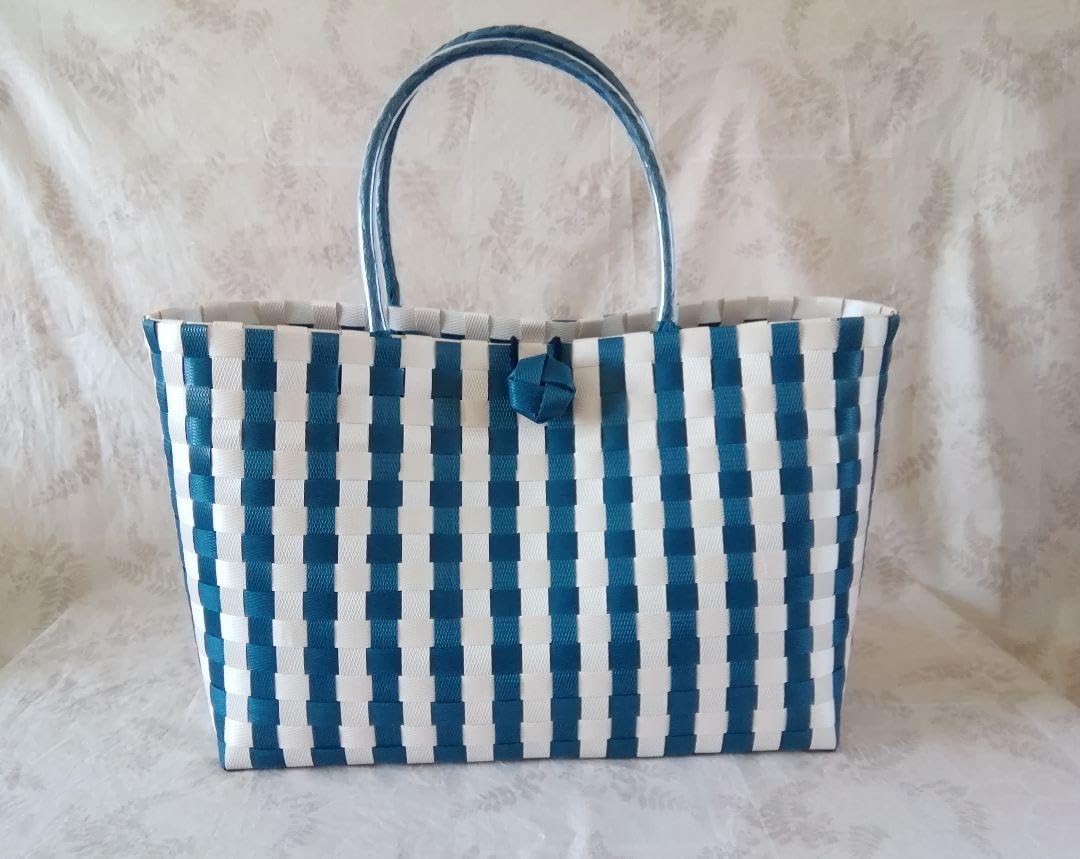 Amazon.co.jp: ストライプのPPバンドかごバッグ 藍色とアイボリー